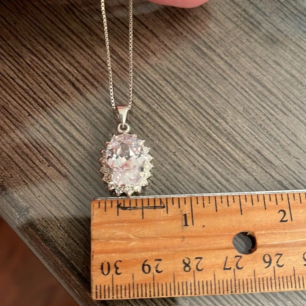 Vintage Oval Halo CZ Pendant with Sterling Silver Box Chain